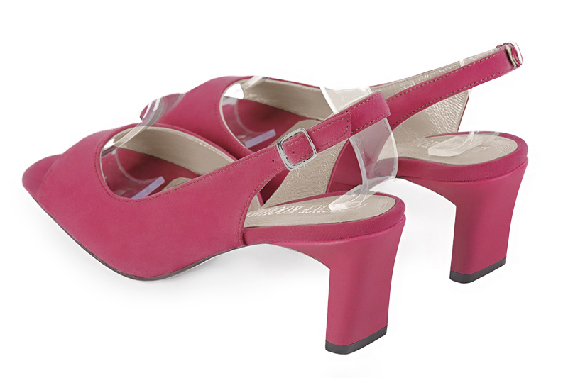 Hot pink women's slingback sandals. Square toe. Medium comma heels. Rear view - Florence KOOIJMAN